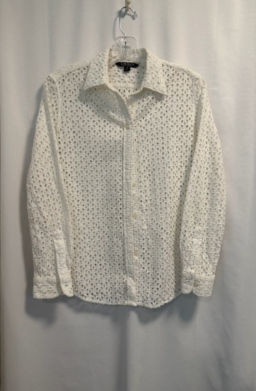 Lauren Ralph Lauren White Cotton Eyelet Button-Down Top- PM